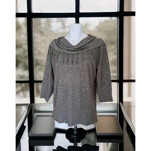 Notations Sweater XL Gray Cowl Neck with Fringe 3/4 Sleeve Lightweight Western